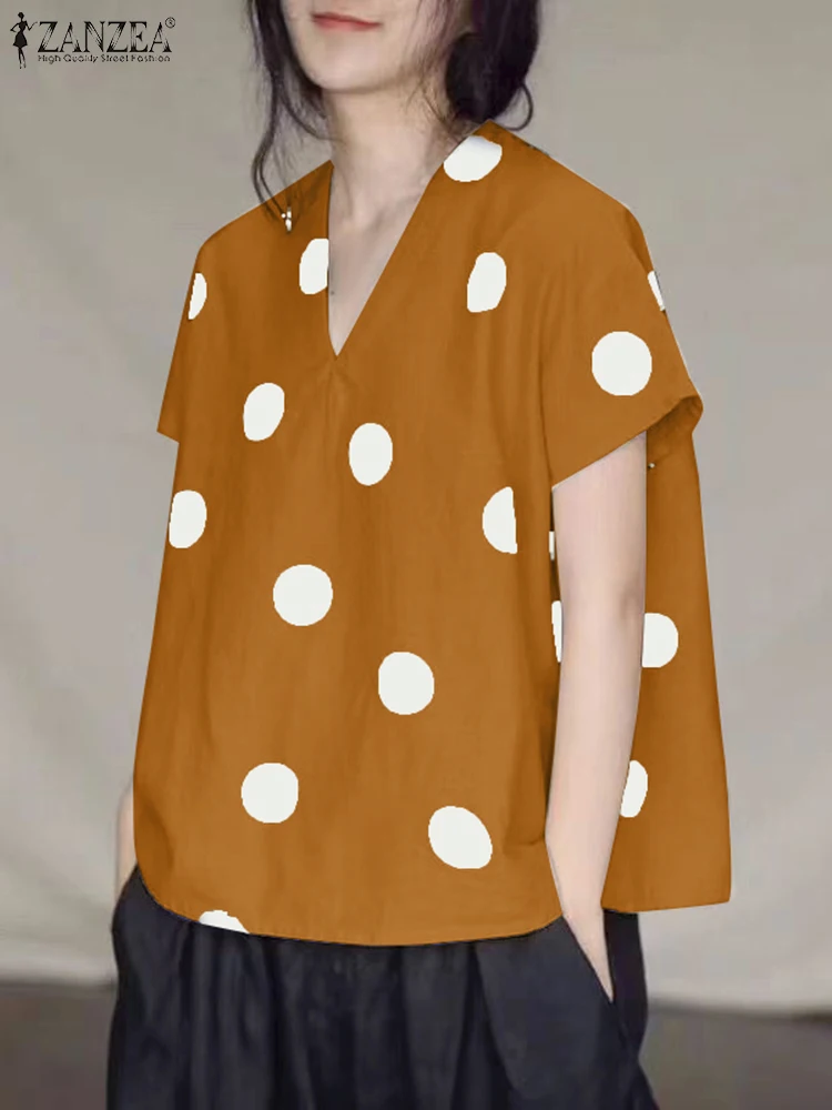 ZANZEA Korean Women Polka Dot Blouse 2024 Fashion Summer V-Neck Tops Shirt Casual Loose Short Sleeve Tunic Daily Simple Blusas