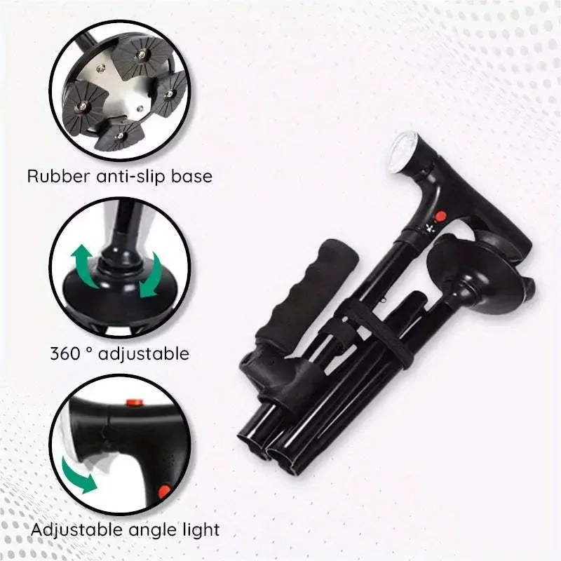 

Folding walking stick with double handles, LED light and cushion. Adjustable and suitable for all. Black colour.