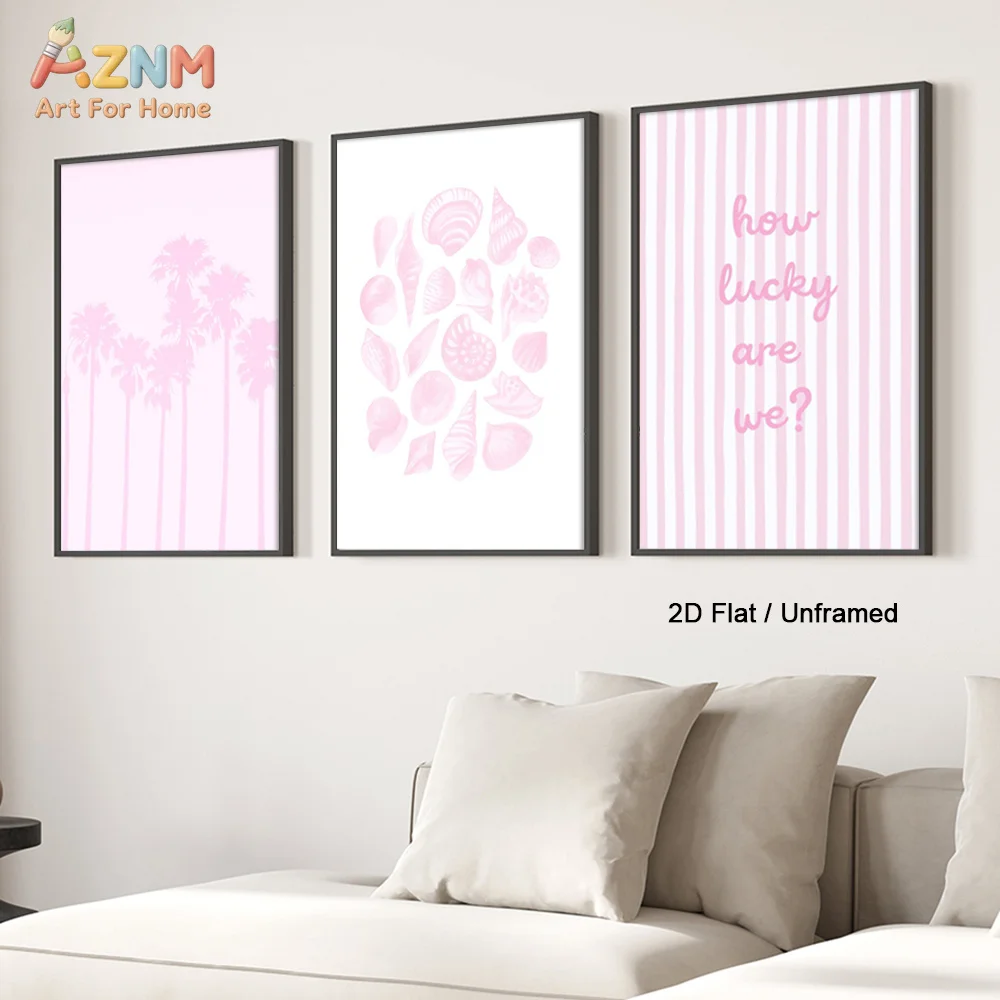 1pc/3pcs Pink Tropical Palm Designs Collection of Shell-Themed Posters Pastel Striped Art Prints Are Modern Canvas Paintings