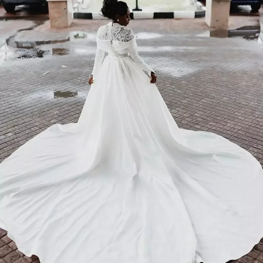 Customized  High Collar African Lace Appliques Wedding Dress For Bride  Long Sleeves Mermaid Bridal Gown with Removable SKirt