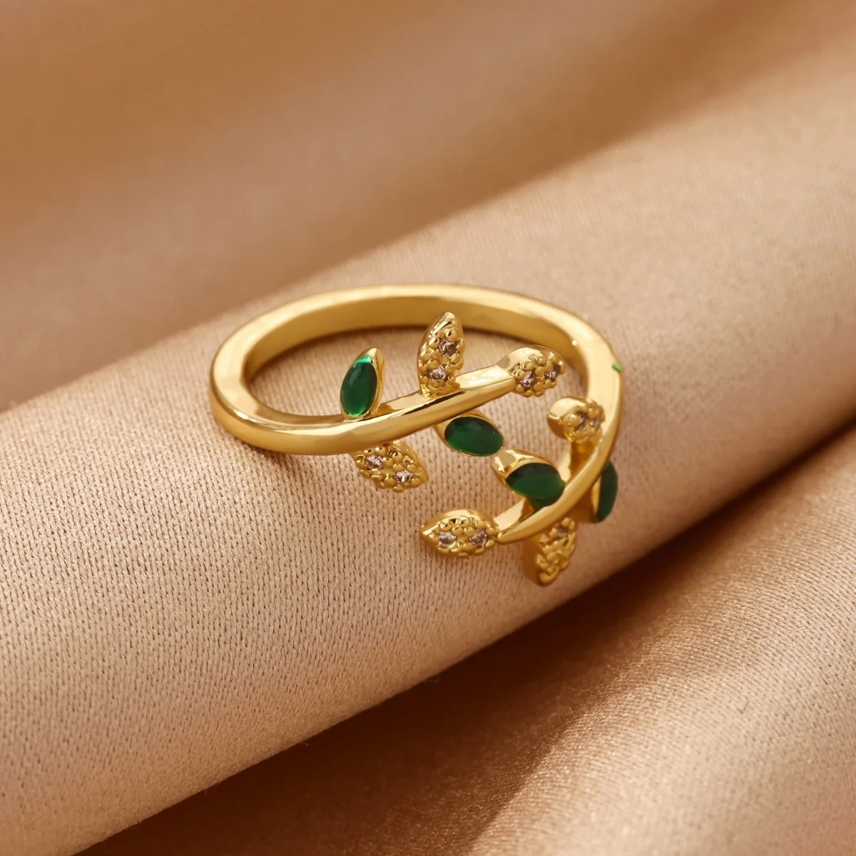 Vintage grüne Kristall-Blatt-Ringe für Damen, 18K vergoldeter Edelstahl, verstellbarer Blattzweig-Ring, Party- und Hochzeitsschmuck