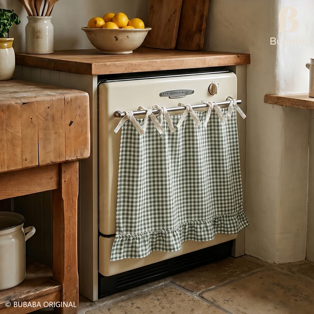Retro Plaid Oven Curtain Lace Strap Ruffle Edge Decorative Curtain Kitchen Dust Curtain Dust Cover Shielding Dust Cover