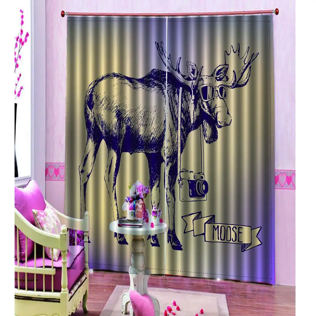 Blackout Curtains Cartoon Moose Light Blocking Window Curtain for Kids Room Bedroom Living Room Home Decor