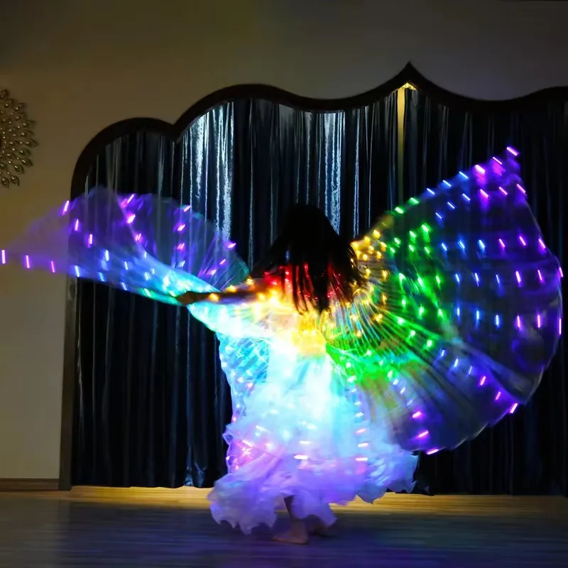 LED Regenboog Kleur Gloeiende Vleugel Lichtgevende Vleugel Buikdans Kostuum LED Party Show Dancewear Fluorescerend Licht Volwassen Kinderen