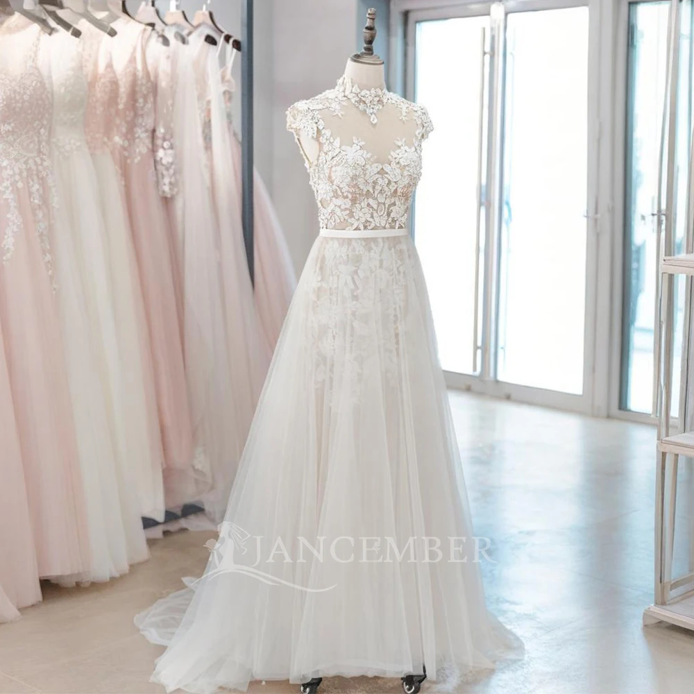 Prom Dress Modern Exquisite High Neck Customized A-line Cathedral Wedding Party Rhinestone Tulle vestidos novias boda LSSG029