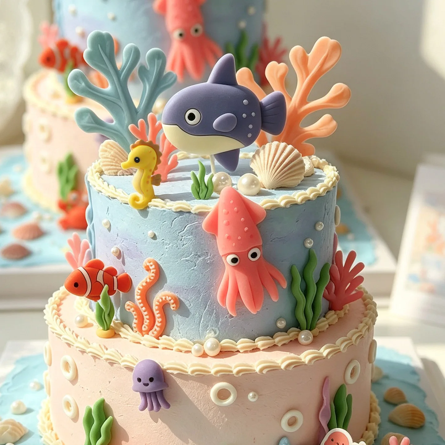 1Set Under the Sea Cake Decorations Mermaid Tail Cake Toppers Decor Seashell Sea Star Sea Plants Fish Mermaid Birthday Decor view 5