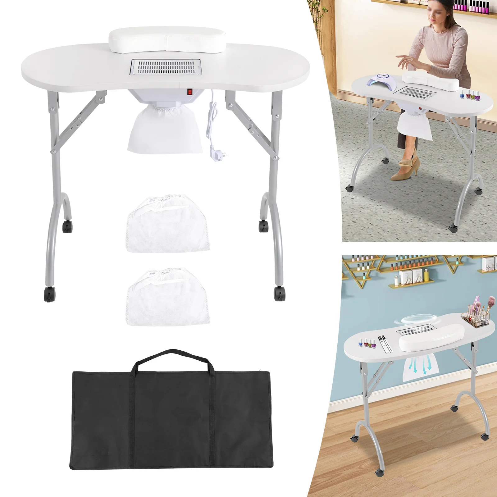 Biały stół do manicure, biurko do paznokci, składany, przenośny, z torbą do przenoszenia