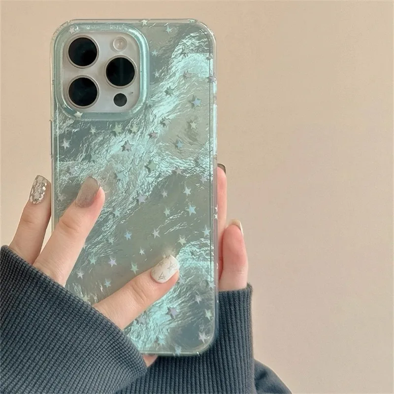 Cute Gradient Stars Aurora Laser Case For iPhone 11 12 13 14 15 16 Pro Max XS XR X 7 8 Plus Korea Girl Shining Silicone Cover