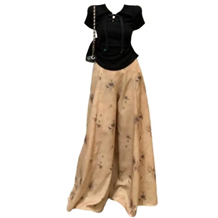 

Extra Large Size Women's T-irt Skirt Pants Casual Trendy Fringed Design Summer Collection High Waist Ne Long Sve