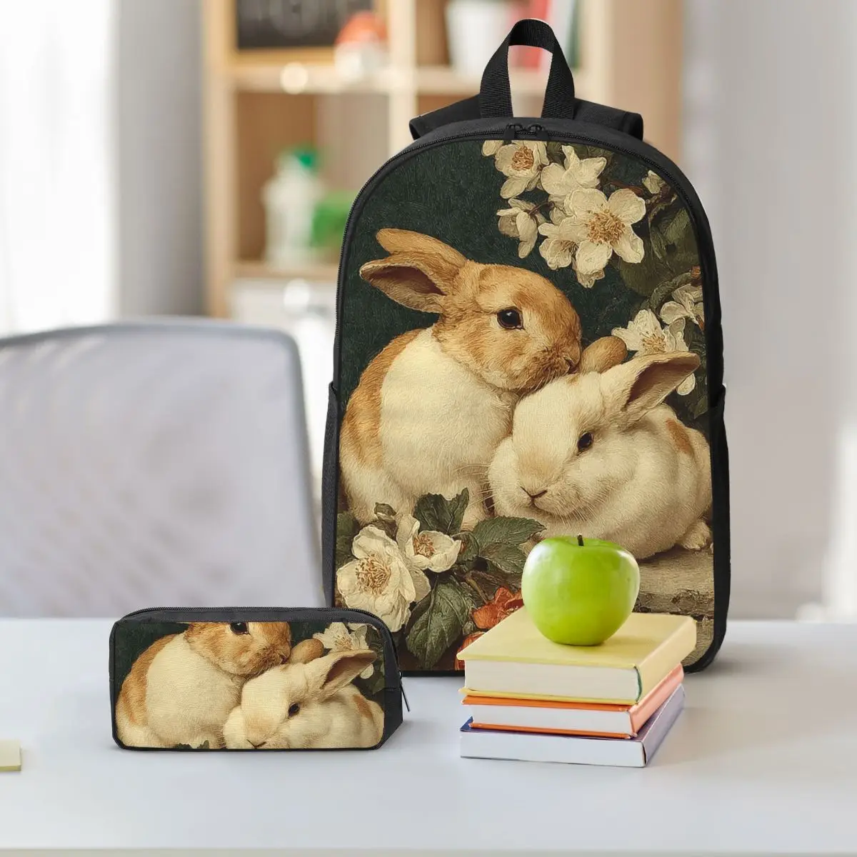 Two Whimsy Rabbit Backpack Boys Girls BookBag School Bag Shoulder Bags 3ps Insulated Lunch Bag Pencil Case