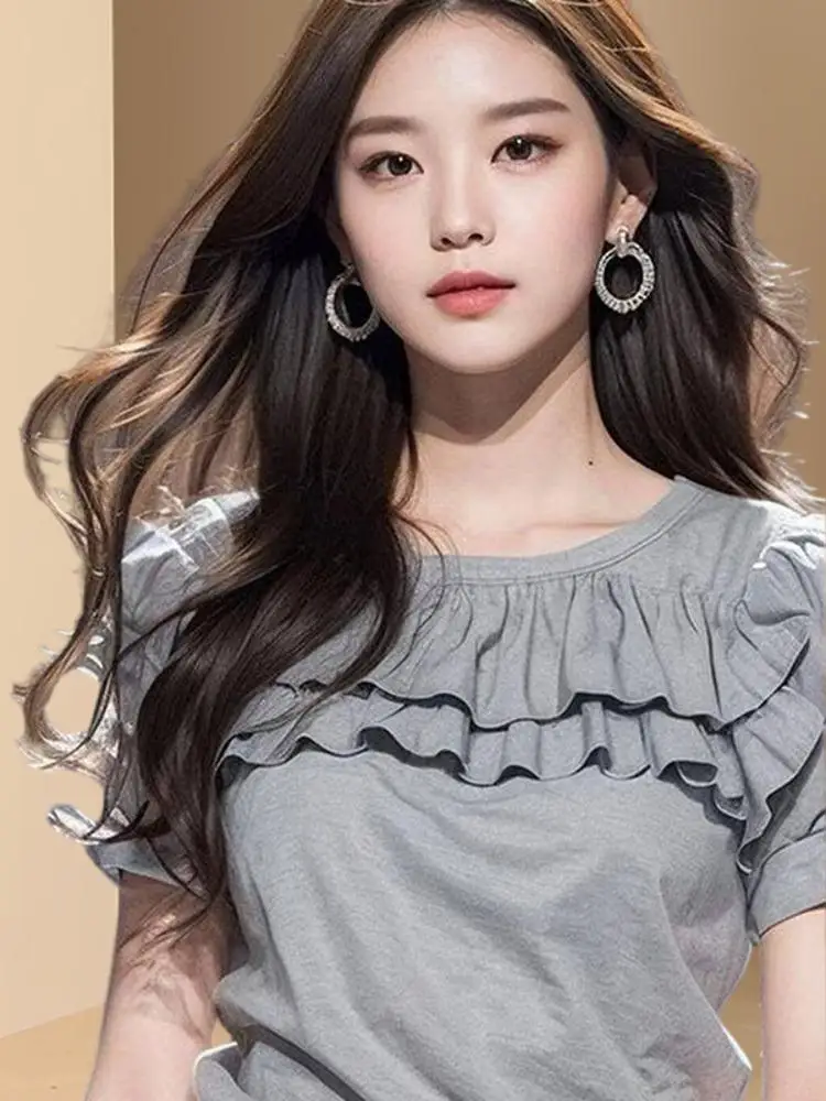 

Faionable ort Sve T-irt Women's Spring Summer irt Blouse Inner Wear Lace Trim Basic Layering Top Ele Sle