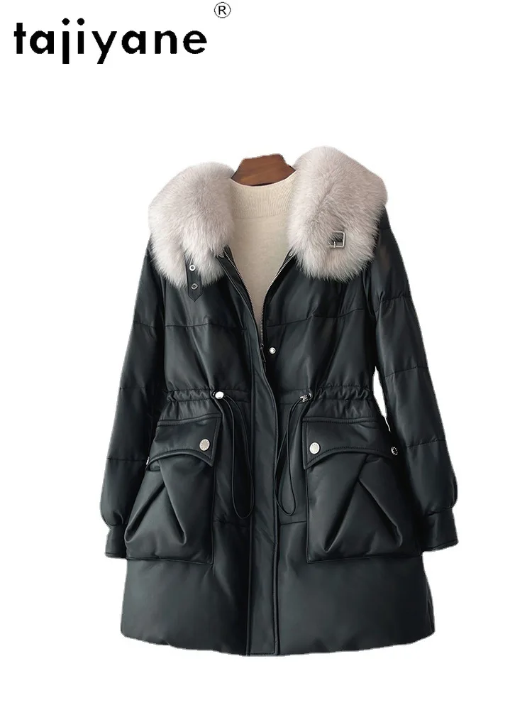 Tajiyane Genuine Sheepskin Leather Down Jackets for Women Winter Mid-length Real Leather Jacket Loose Down Coats Fox Fur Collar