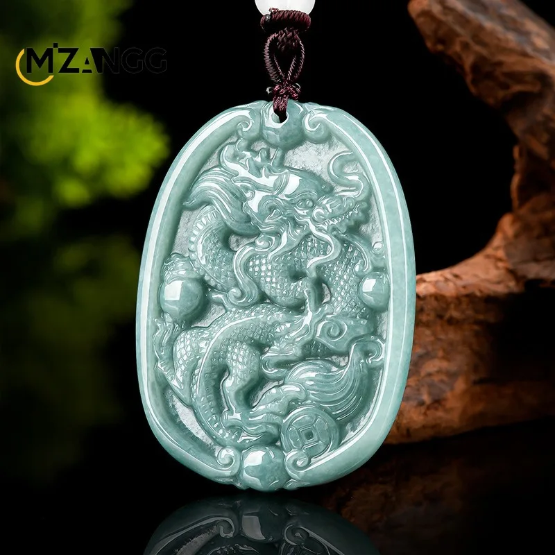 High-grade Jadeite Blue Water Overbearing Dragon King Pendant Fortune Zodiac Dragon Jade Necklace Fashion Men and Women Amulet