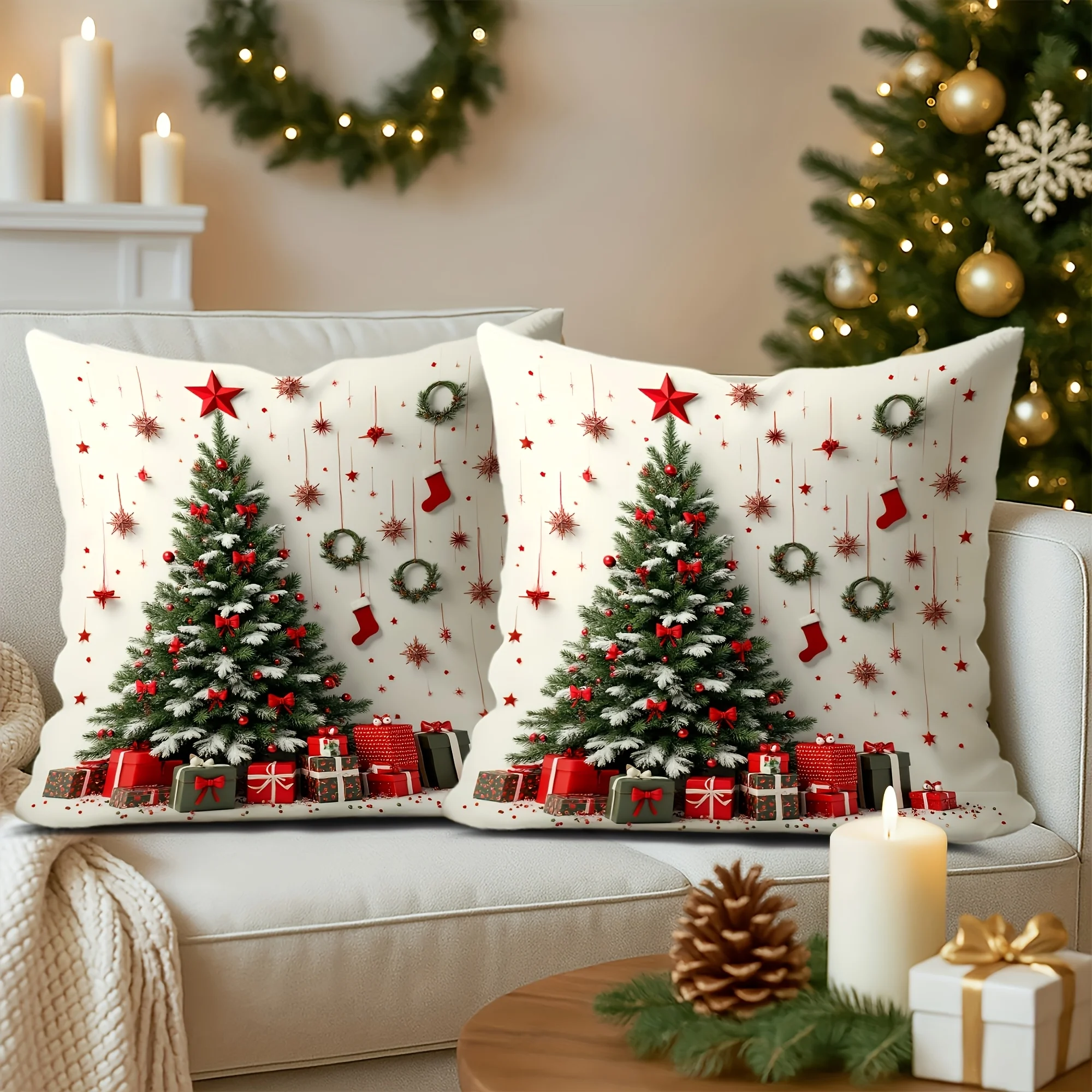 2PCS Christmas Pillow Covers, Winter Tree Gift Star Wreath Stocking Print, Red Green White Double-Sided for Sofa Bed, No Insert