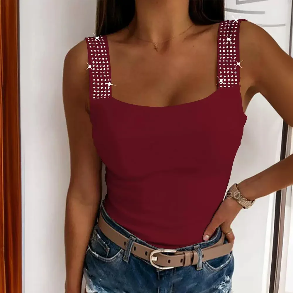 Women Top Sexy Sling Tops Slim Fit Sleeveless Casual Vests Round Neck Sheath Solid Tees Elegant Splice Summer T Shirts