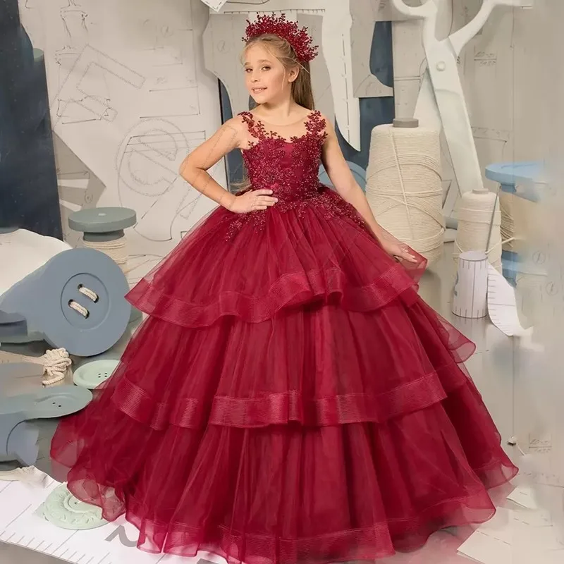 

Ball Gown Lace Tulle Burgundy Kids Birthday Party Gowns