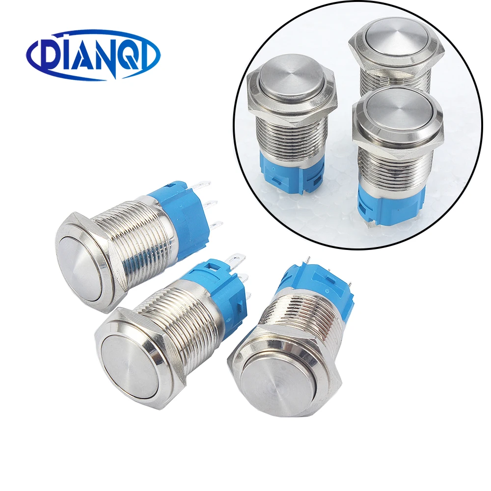 

Silver Brass nickel plating 16mm metal push button switch 3A 250V Momentary 1NO 1NC 3pins press switch car