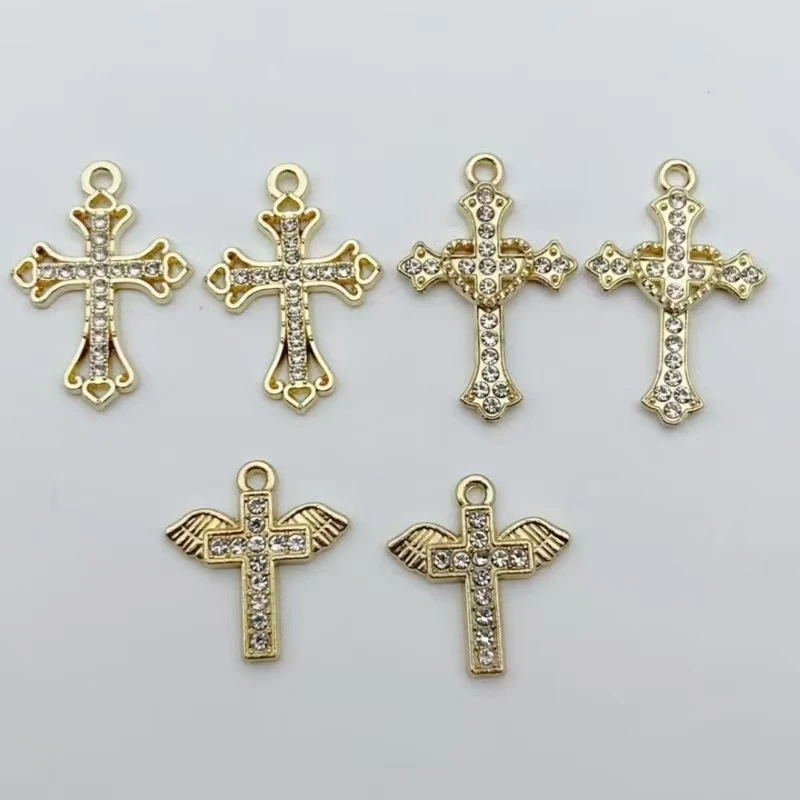 10pcs Diamond studded Gold Cross Alloy Pendant Love Wings Water Diamond Cross Pendant DIY Bracelet Necklace Jewelry view 5