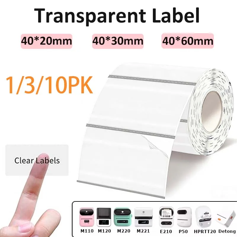 Transparente Thermoetiketten, rechteckig, wasserfest, klare Rolle, selbstklebendes Aufkleberpapier für Drucker Phomemo M110 M220 Marklife P50 P80