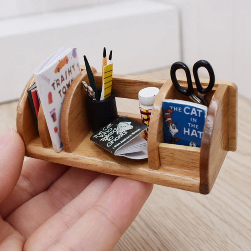 1/12 Scale Mini Wooden Miniature Dollhouse Stationery Book Rack Dollhouse Furniture Dollhouse Accessories