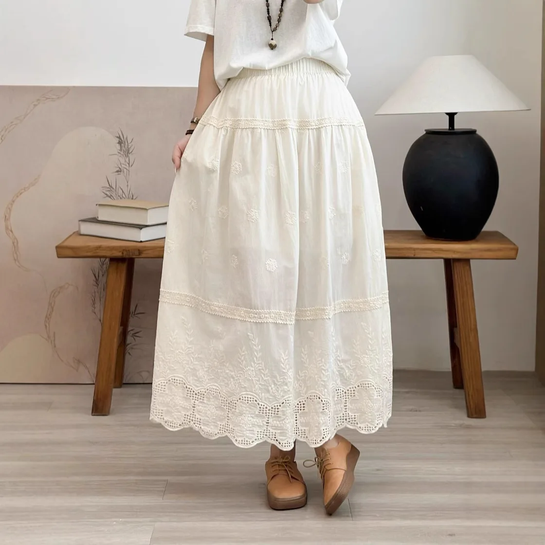 Summer New Japanese Sweet Mori Girl Embroidery Hollow Out Skirts Women Solid Color Elastic Waist Casual Loose A-Line Skirts