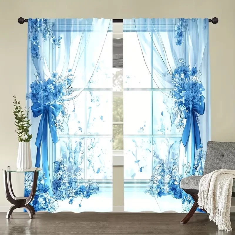 2 Stück hellblaue, transparente Vorhänge mit Blumenmuster und Schleife – weiche, romantische Fenstervorhänge mit Druck für Schlafzimmer- und Wohnzimmerdekoration