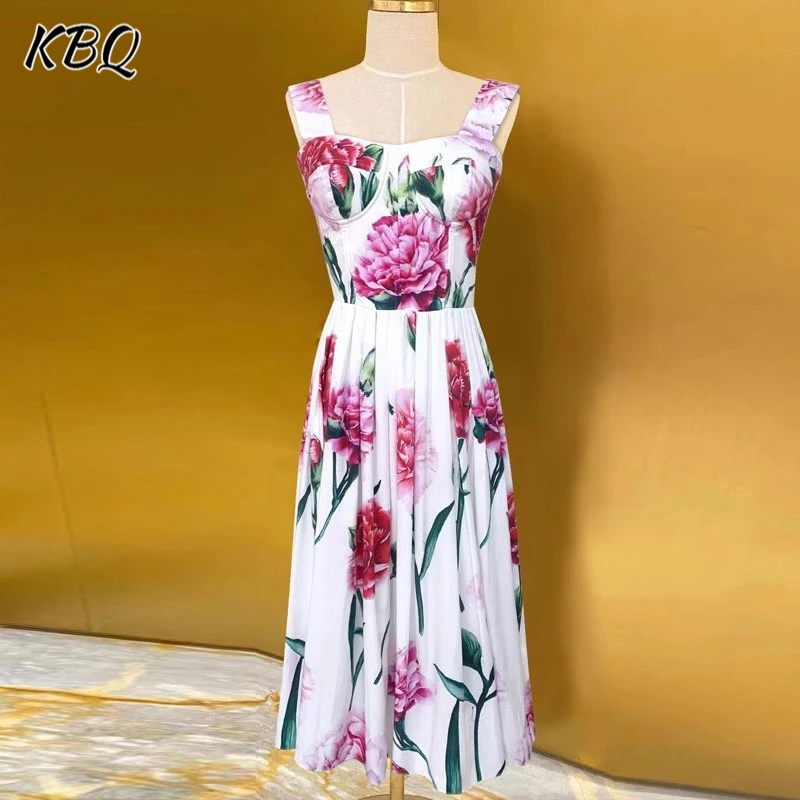 

KBQ Hit Color Floral Printing Camisole Dresses For Women Square Collar Sleeveless High Waist Patchwork Lace Up Dress Female New