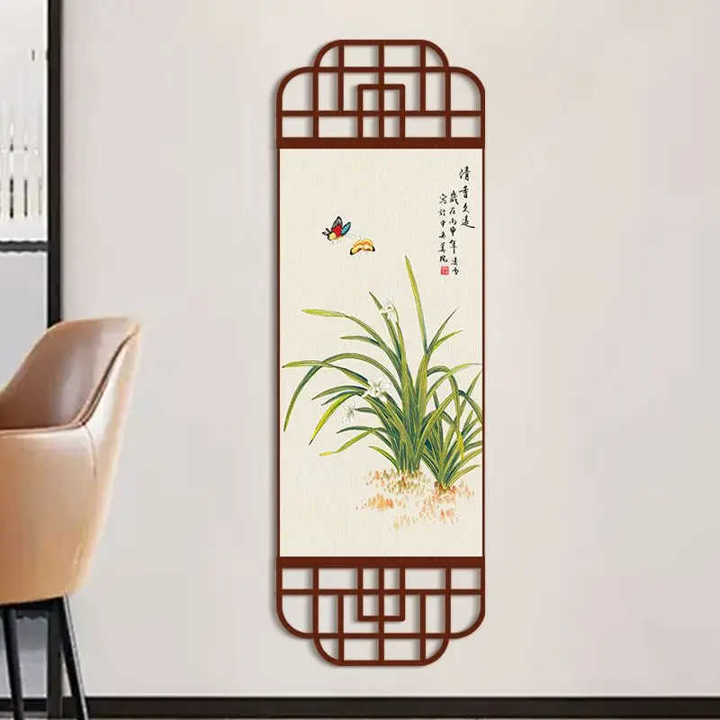 Home Decor Wall Art Chinese Orchid Painting Wood Frame Hanging Scroll Butterfly Zen Wabi Sabi Japandi Floral for Study Tea Room