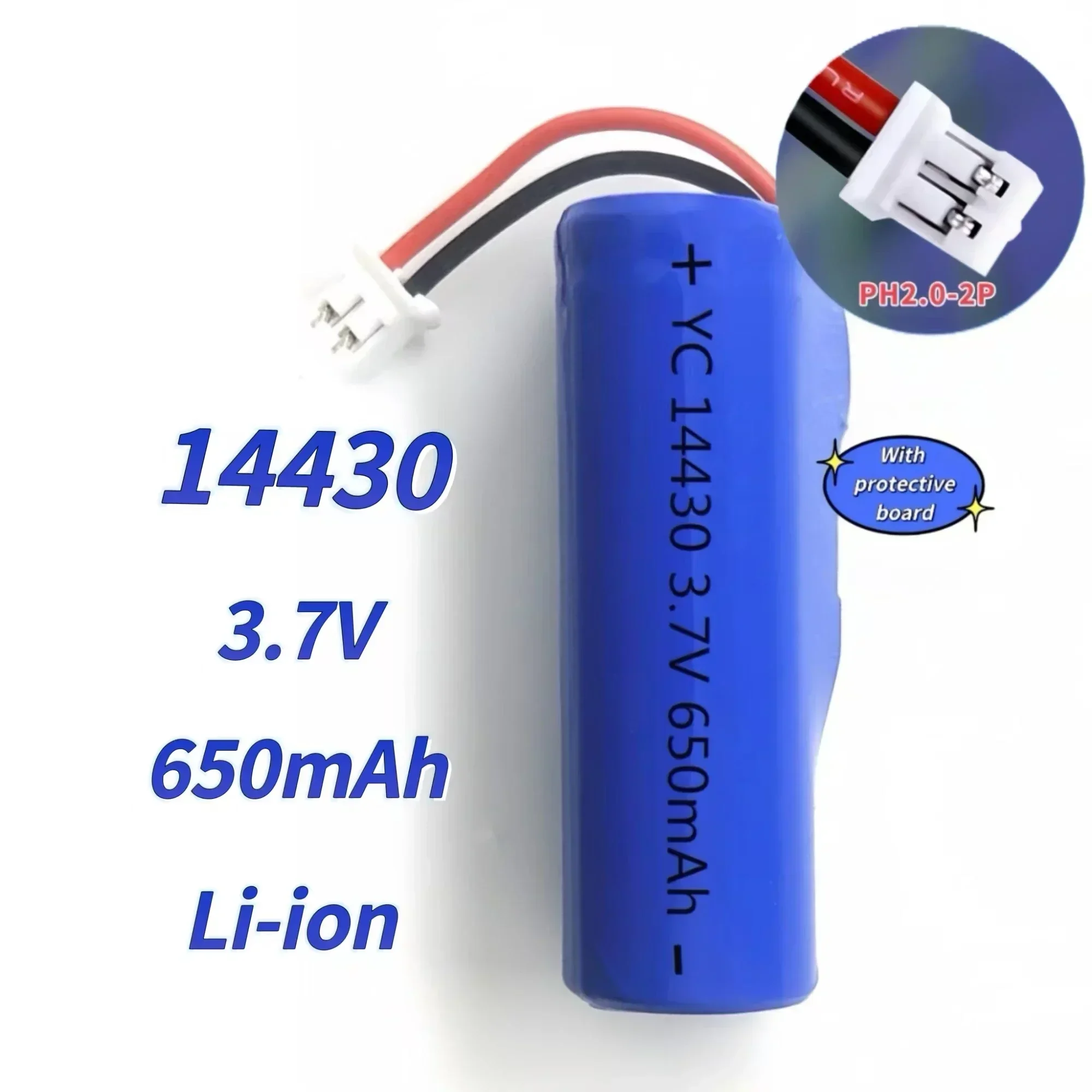 14430 Rechargeable Lithium Battery with Connector Wires 3.7V 650mAh USB Charging Cable for Radio Speaker Headlamp Walkie talkie