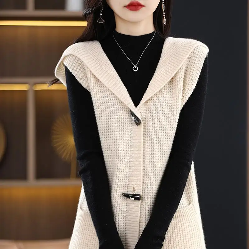 Autumn Winter Women Clothing Hooded Long Sweater Vest Coat Solid Sleeveless Fashion Casual Loose Vintage Knitted Cardigan Tops