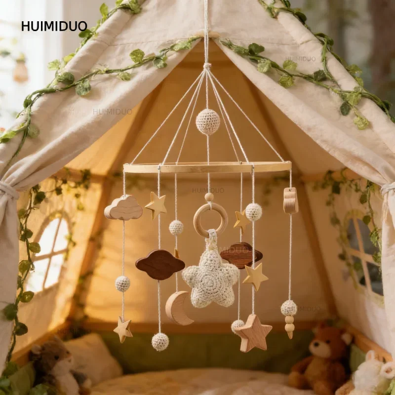 Ins Children's Bedroom Sensory Music Crochet Star Beech Wood Crib Mobile Baby Cradle Nursery Mobile Hanging Decor