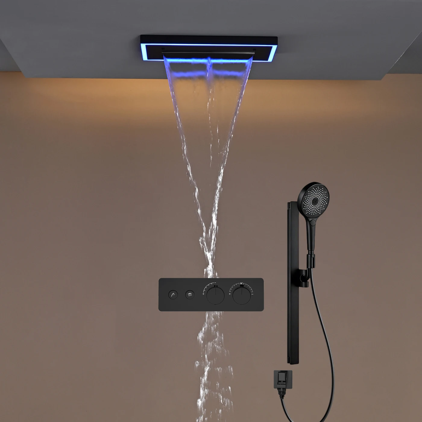 

Умный душевой набор Qlonn для ванной комнаты, 400*200 мм, со встроенной LED-подсветкой, термостатическим смесителем и 3-функциональной ручной лейкой