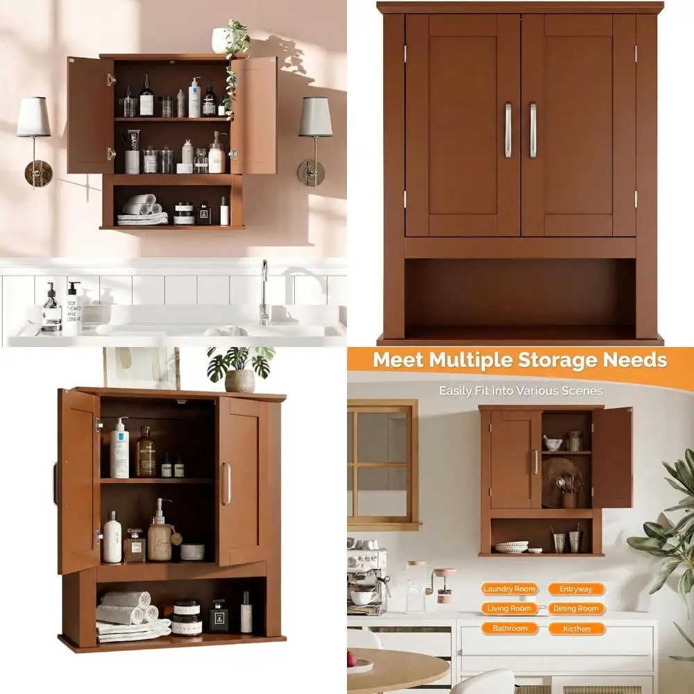 

Компактный черный настенный шкаф для ванной комнаты с 2 дверцами, 3 регулируемыми полками и открытой полкой