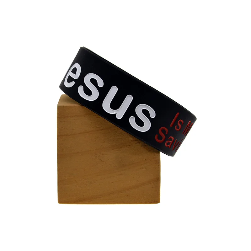 25 Stück Schwarzes Silikonarmband mit einem Zoll breitem Band, Jesus ist mein Erlöser, Glaubens-Thema, Gummiarmreif – Detail 1
