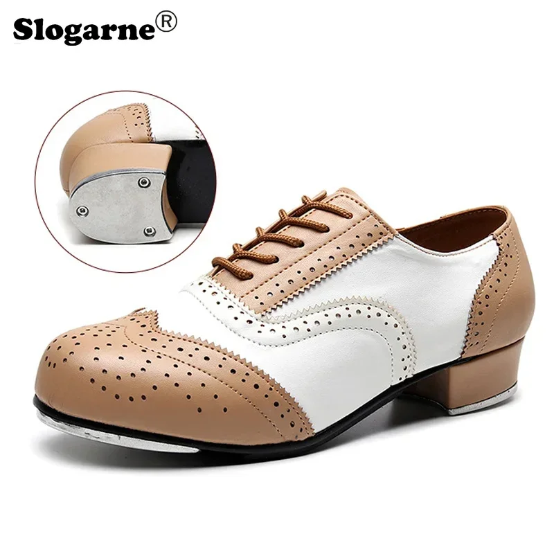 2024 New Men Tap Shoes Boys 3CM Heels Tap Shoes Man Leather Tap Dance Shoes Students Large Size 45 Dance Sneakers Drop Shipping