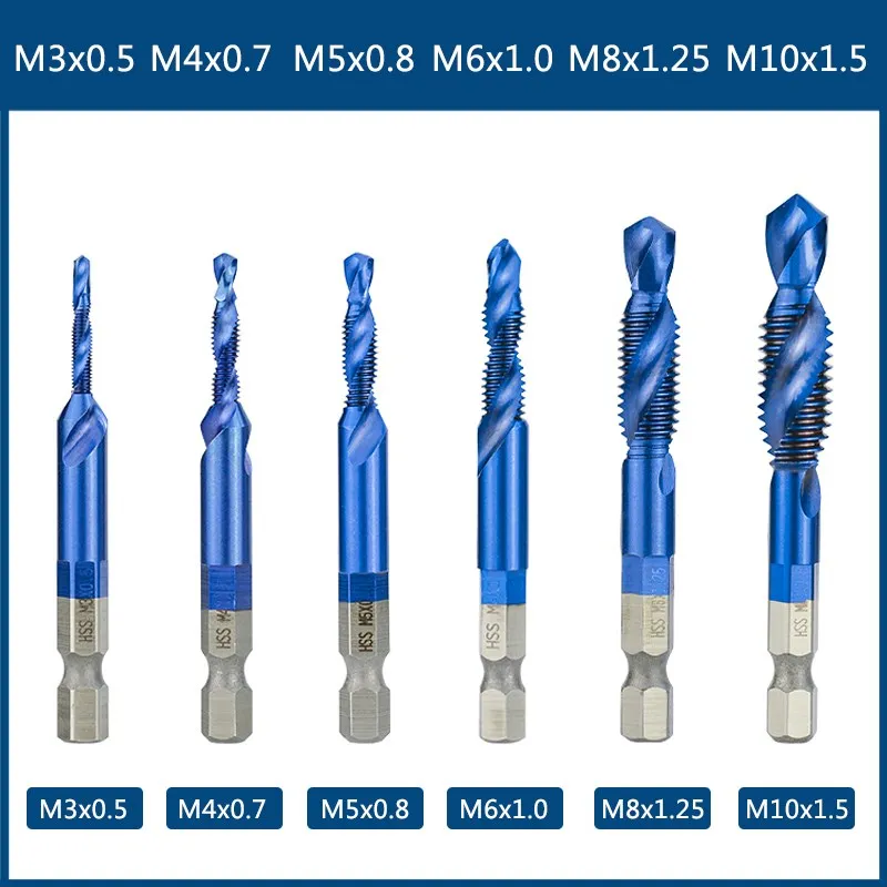 XCAN Gewindebohrer-Set, kombinierter Gewindebohrer, HSS-Sechskantschaft, metrischer Gewindebohrer, Maschinenstecker, Gewindebohrer, Bohrer, Handwerkzeuge, M3, M4, M5, M6, M8, 10 M12