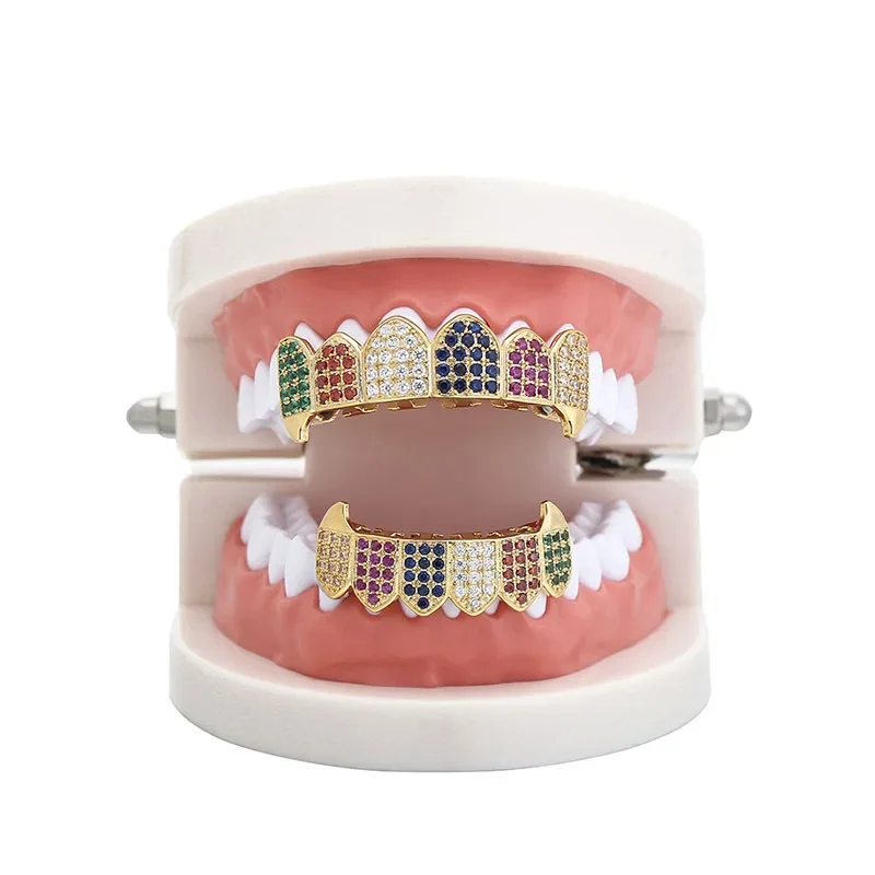 6 Color Micro-inset Zircon Gold Braces Hip Hop Tooth Decoration Top&Bottom Colorful Teeth Grills Vampire Set