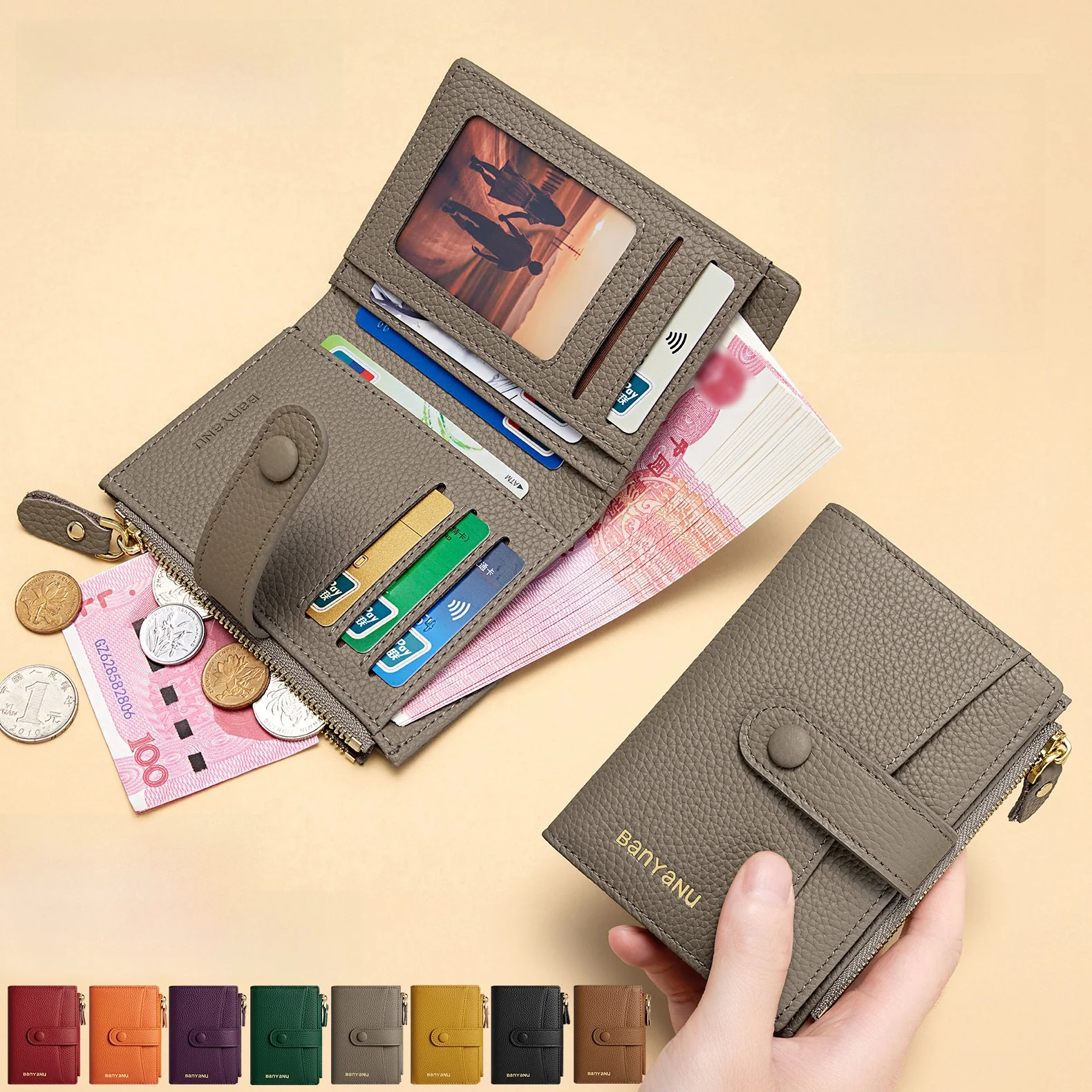 top-layer-cowhide-wallet-short-large-capacity-card-holder-integrated-money-clip-anti-theft-magnetic-stripe-unisex-wallet