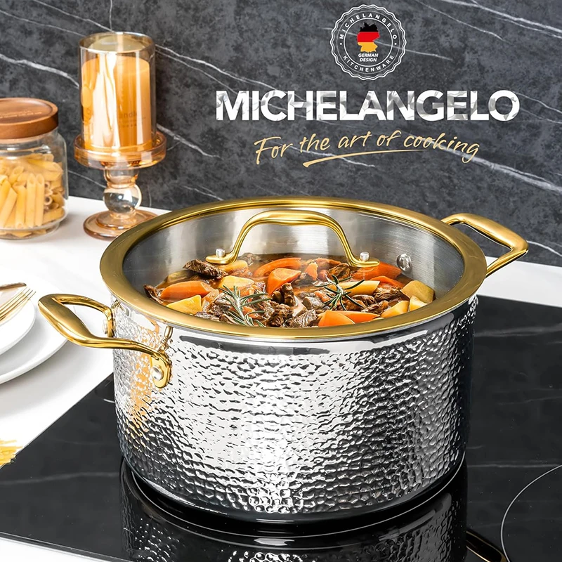 

MICHELANGELO Triply Stainless Steel Stock Pot with Lid Luxury Hammered Non-stick pan 6Quart Pot Golden Handle Induction Stockpot