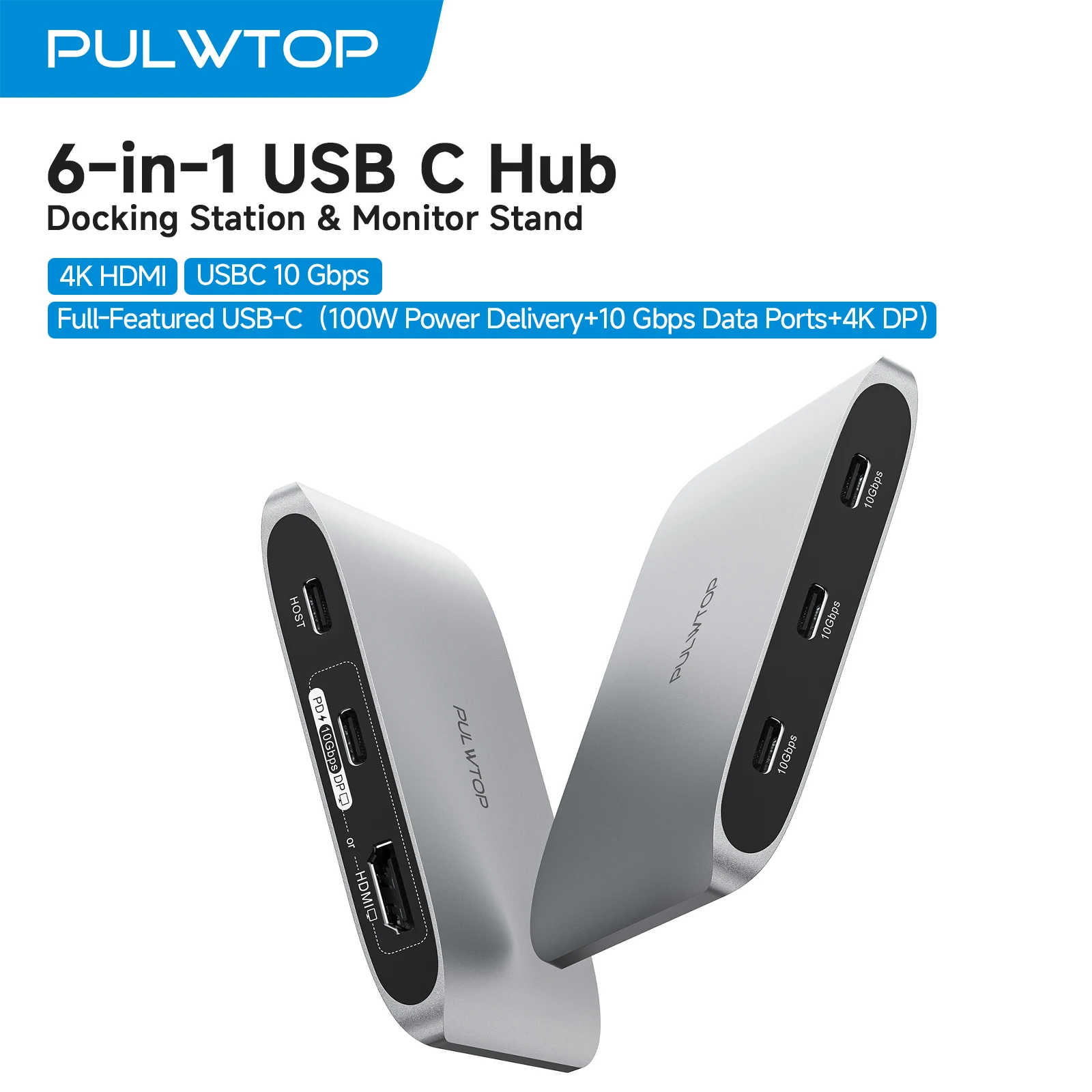 

PULWTOP 6-in-1 USB C Hub with 4K HDMI, USBC 10 Gbps Data Ports, Full-Featured USB-C(100W Power Delivery+10Gbps Data Ports+4K DP)