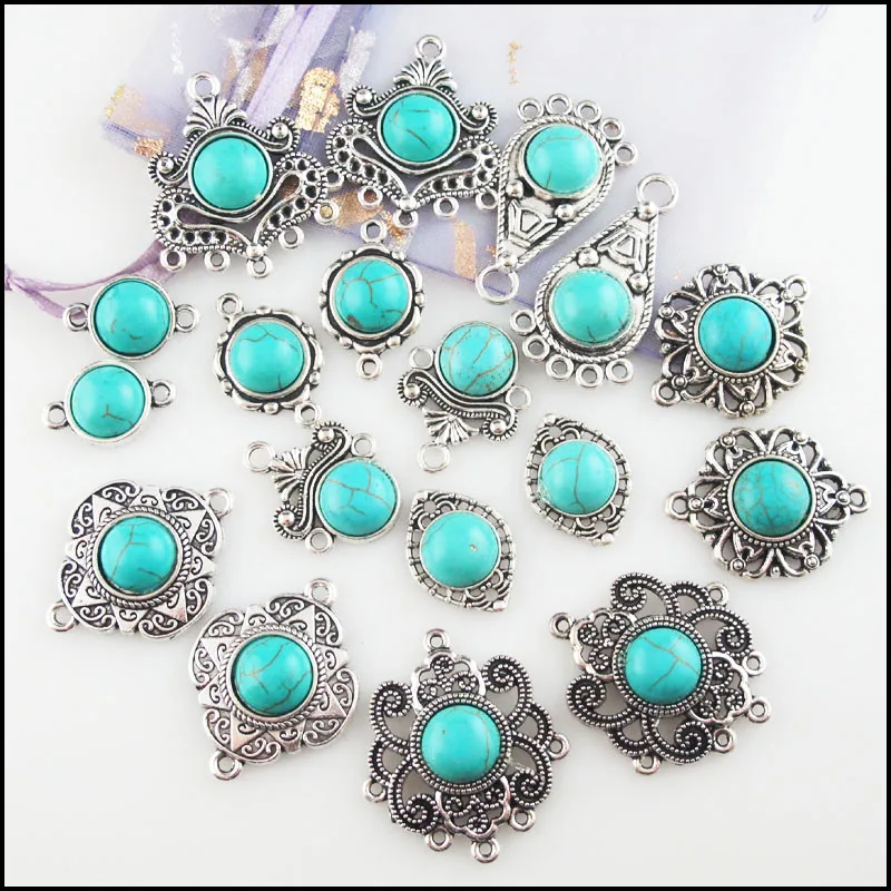 Retro Tibetan Silver Plated Teardrop Flower Eye Heart 10mm Round Turquoise Stone Charms Pendant Connectors