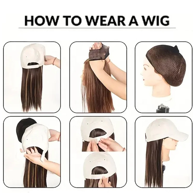 Wig hitam spons lidah bebek wanita, rambut palsu panjang lurus ukuran dapat disesuaikan, wig sintetis mudah dipakai cocok untuk penggunaan sehari-hari