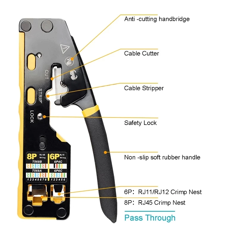 RJ45 Versatile Crimp Tool Pass Through Crimper Cutter for 6P/8P/8C Modular Connector Ethernet All-in-one Wire Tool