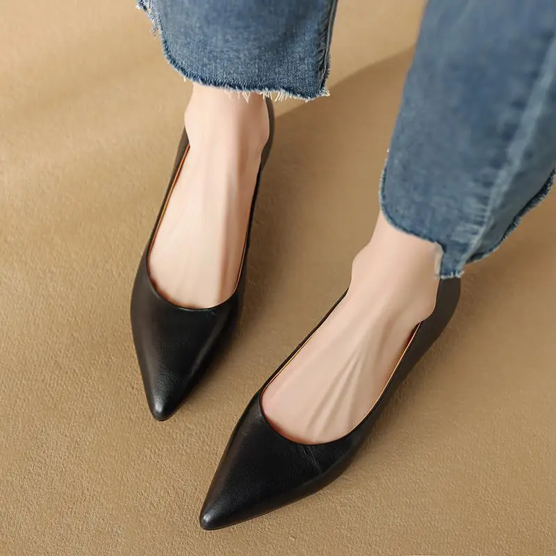 Krazing Pot Sheep Leather Med Heels Pointed Toe Basic Clothing Fashion Women British School Office Lady Shallow Concise Pumps