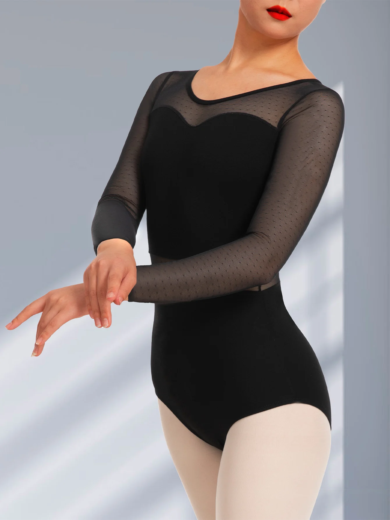 Dansmailen Voor Dames Voor Balletgaas Met Holle Taille Ballerina Met Waterdruppel Naar Achteren Mesh Danskleding Met Lange Mouwen