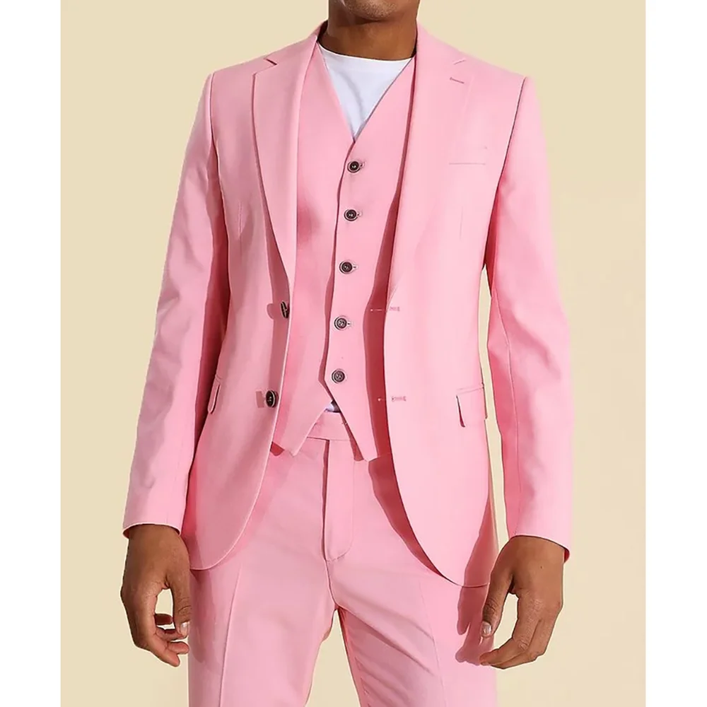 Fashion Single Breasted Pink Peak Lapel 3 Pieces(Jacket+Pants+Vest) Male Formal Wedding Party Set