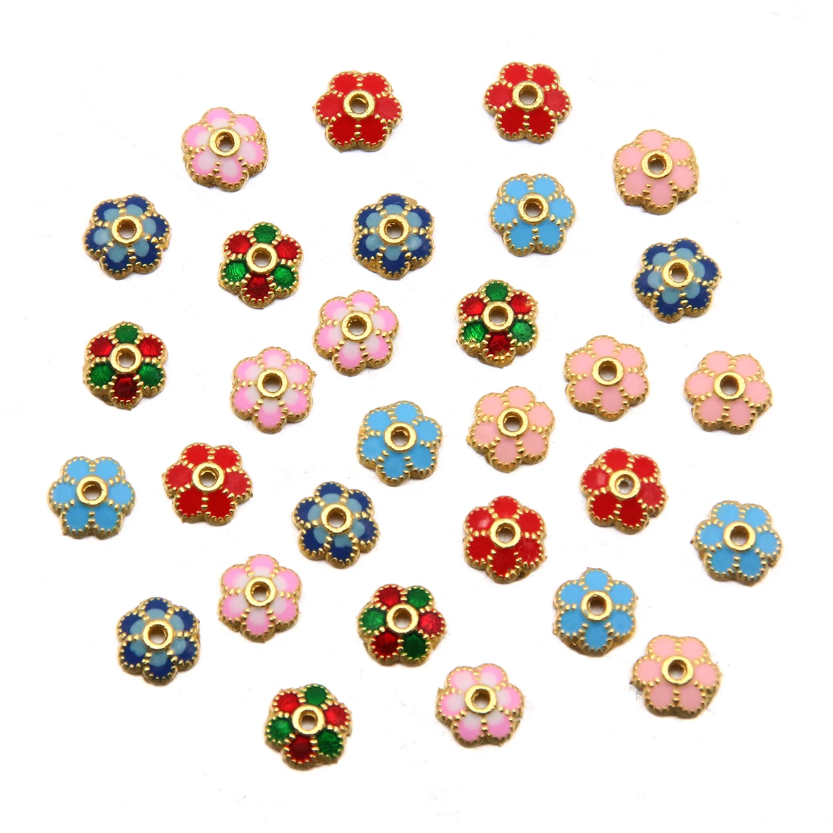 ジュエリー作り用の金メッキ金属ビーズキャップ,エナメル合金,さまざまな色,DIYアクセサリー,6色,8x8mm, 30個