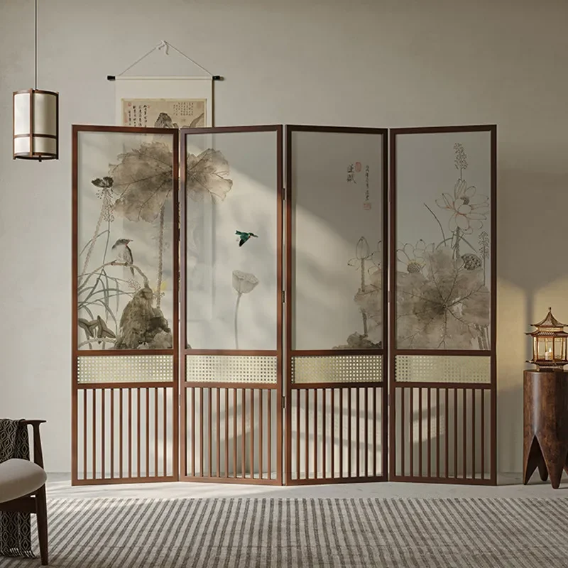 New Chinese Song Yun Lotus Pattern All Solid Wood Folding Screen Partition for Living Room Home Office Entrance Decoration