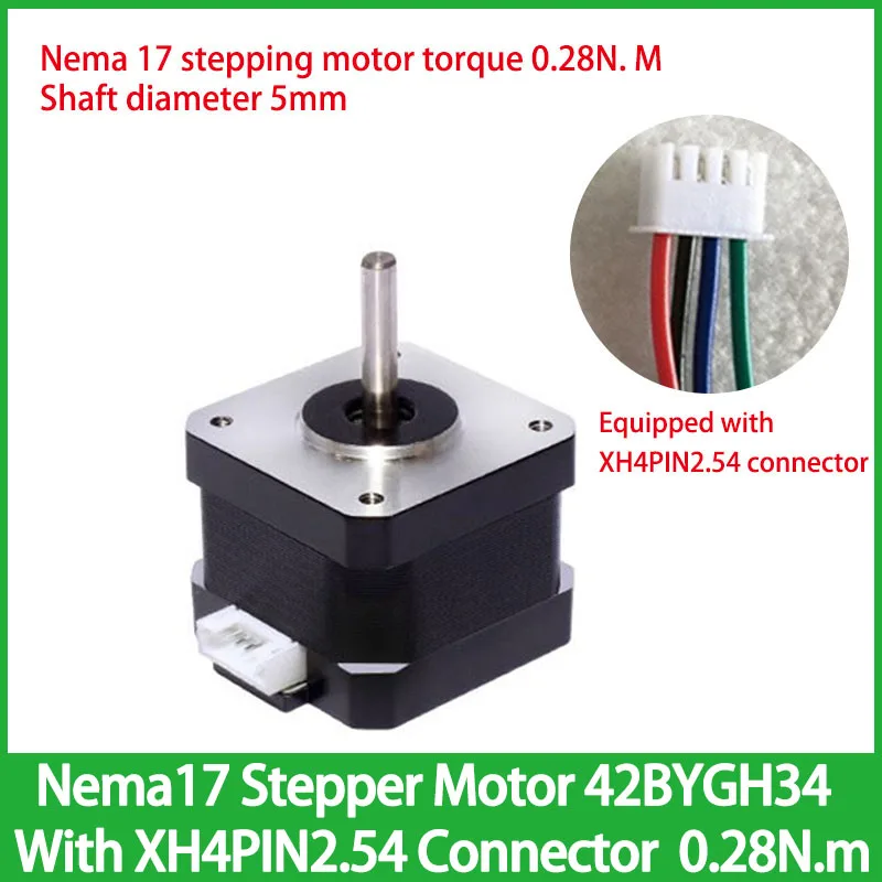 

Nema 17 Stepper Motor 42BYGH34 With XH4PIN2.54 Connector Torque 0.28N.m Single Output Shaft Diameter 5mm Motor Step Angle 1.8°