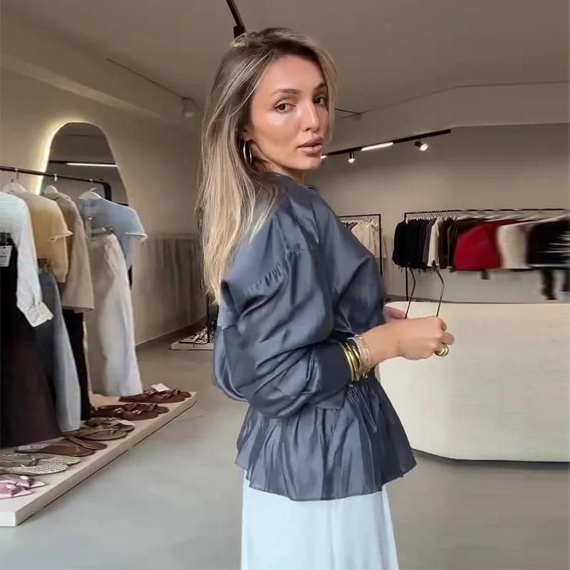 Damen Oversize-Bluse Langarm mit seitlicher Knopfleiste und Kordelzug in der Taille, plissiertes Hemd, modische Büro- und Party-Oberteile, einfarbig, locker geschnitten – Detail 3